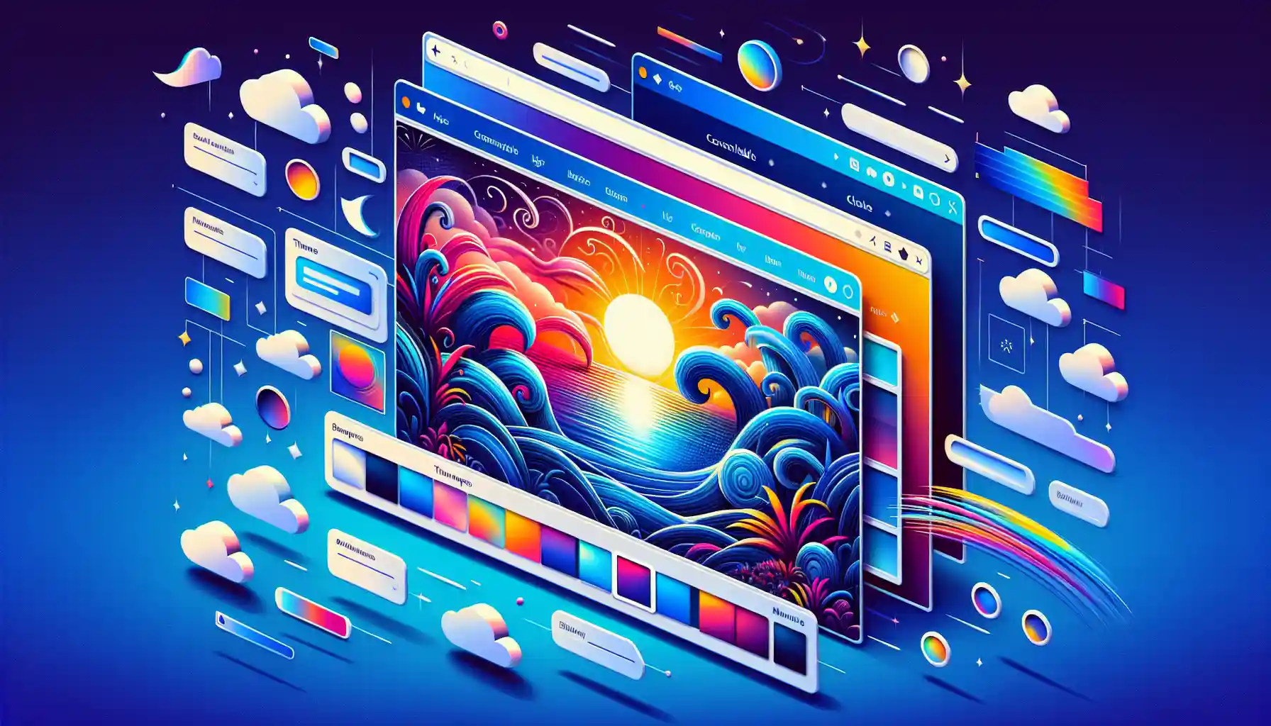 Illustration of customizable user interface with theme options