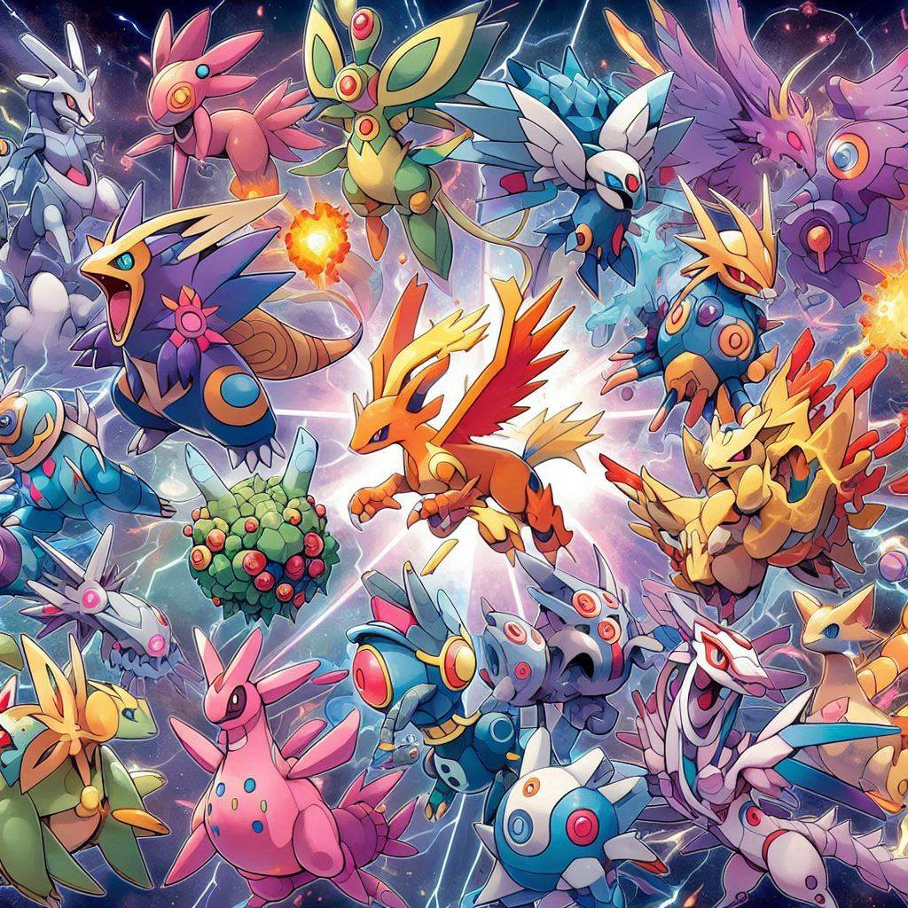 An illustration depicting various fused Pokémon from Pokémon Infinite Fusion