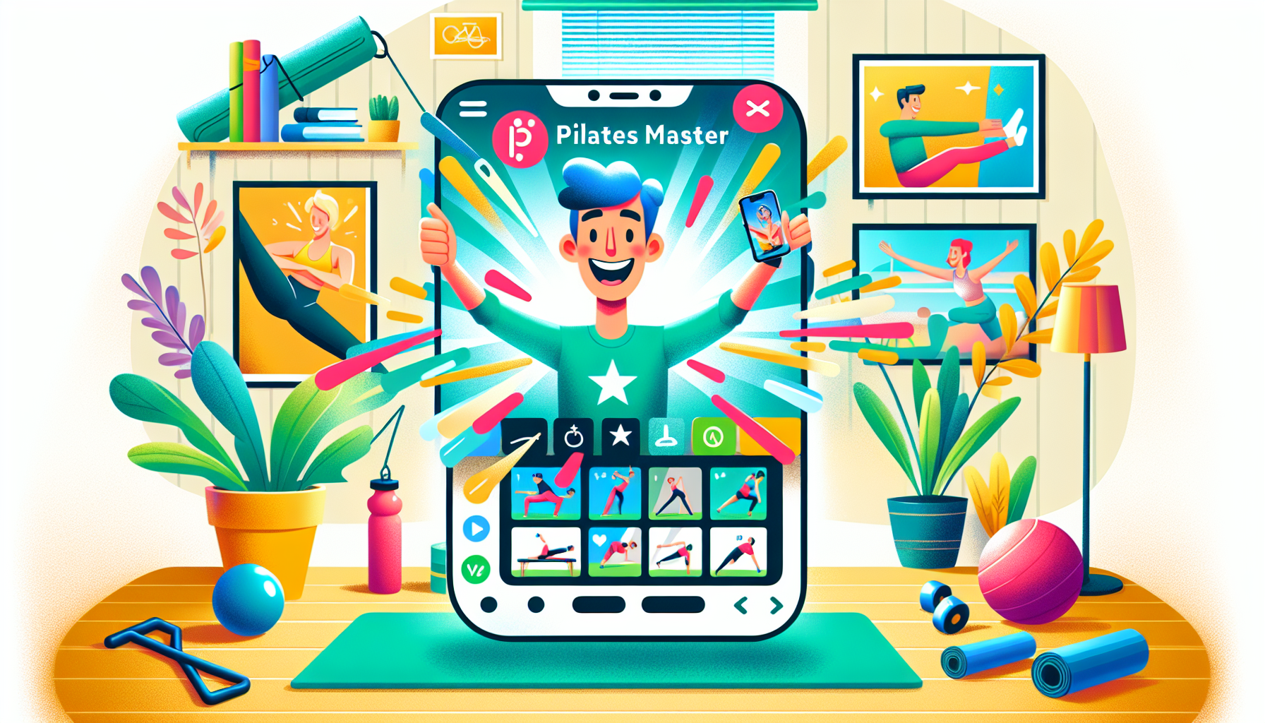 A cartoon representation of a user engaging with the PilatesMaster app, showcasing the user-friendly interface.