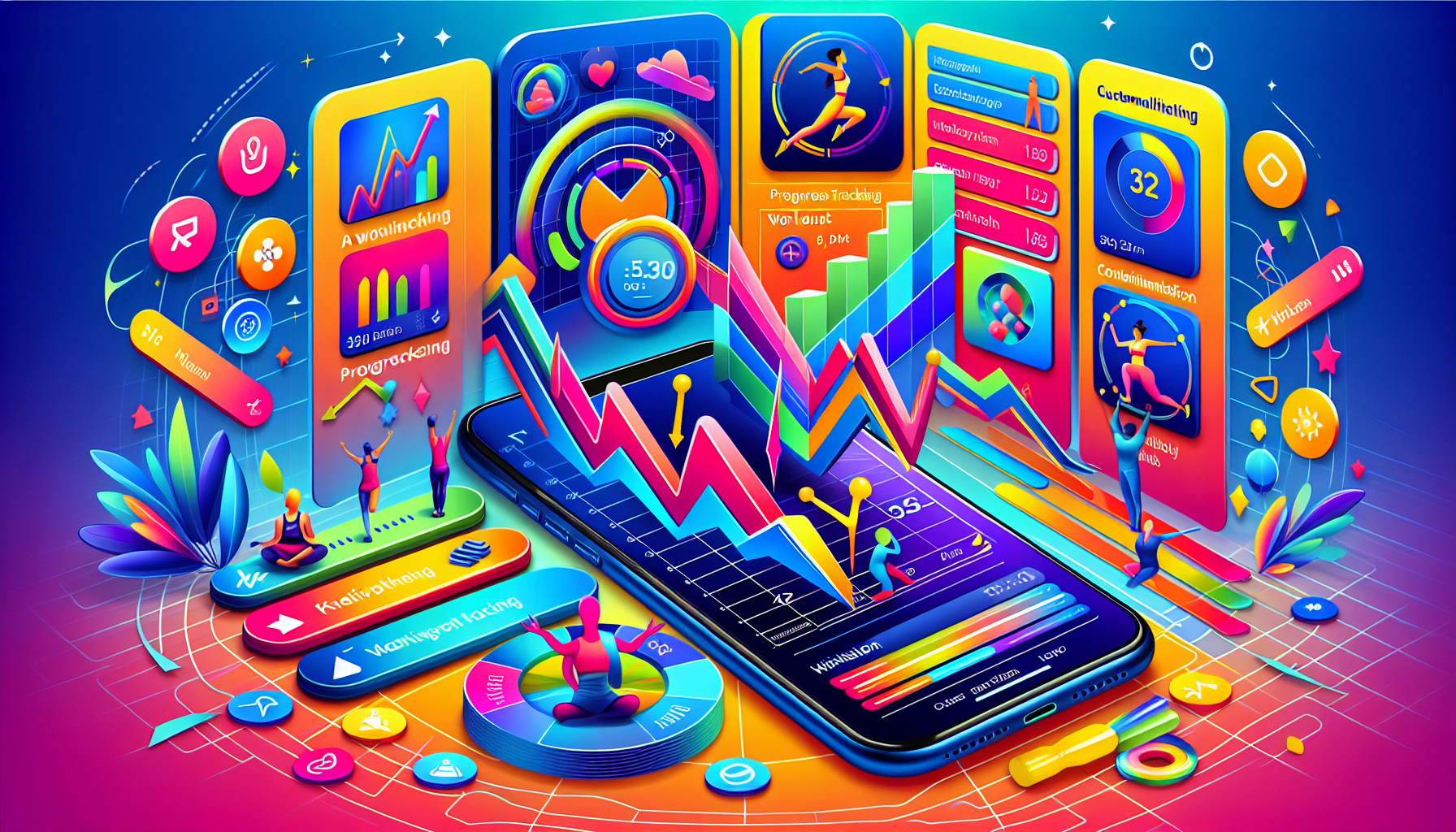 An illustration depicting the core functionalities of a fitness app, including tracking progress and workout plans.