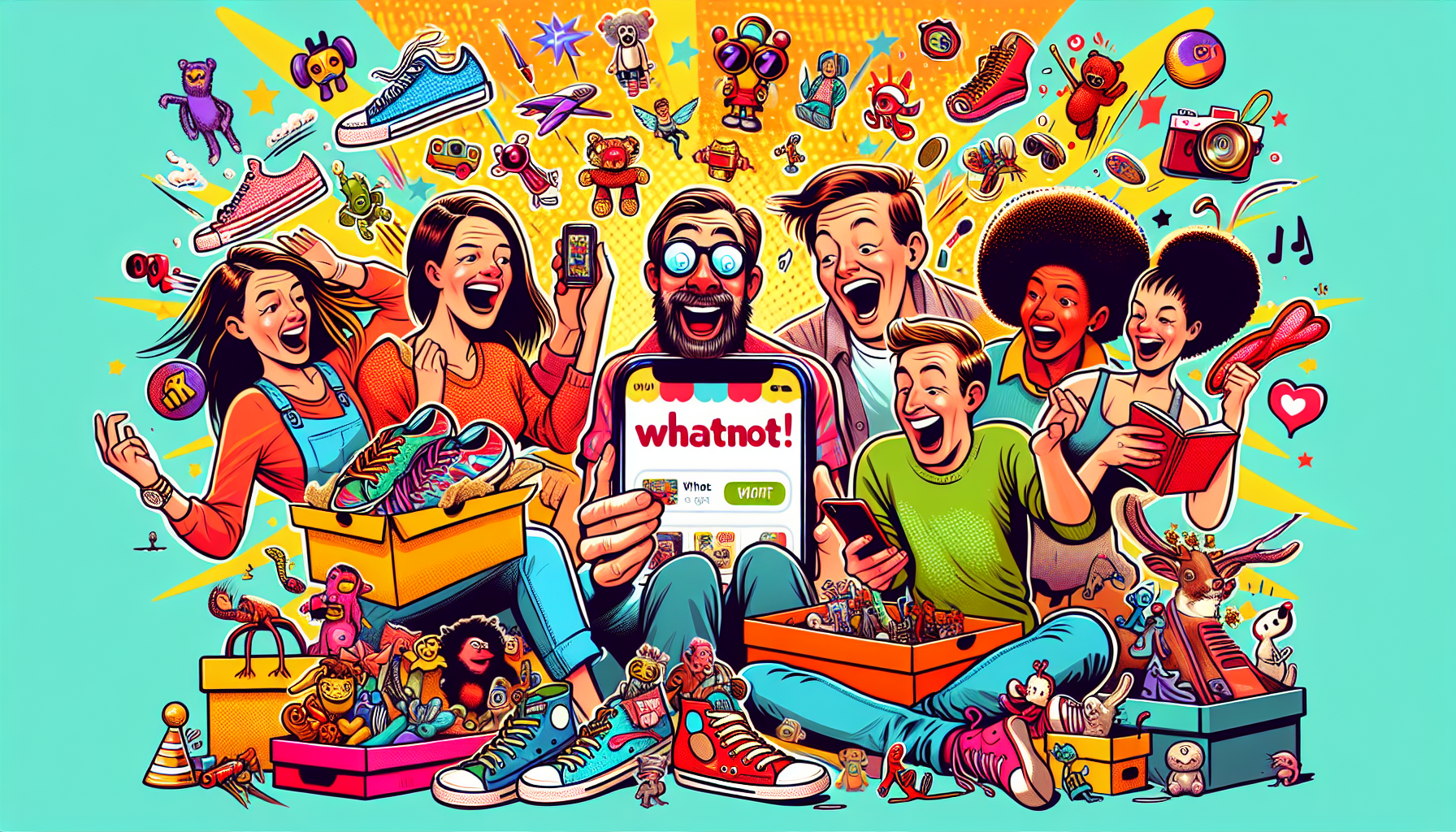 A fun illustration depicting a diverse audience engaging with the Whatnot app.