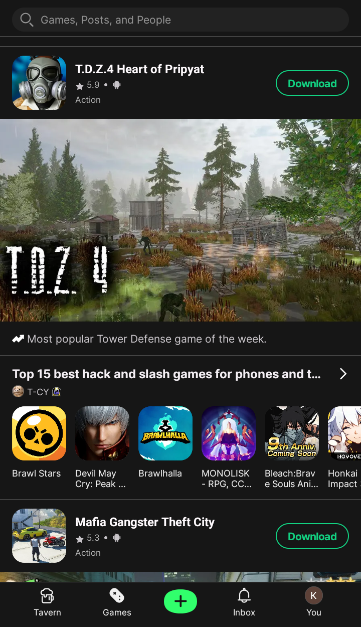 Illustration of user-friendly interface with intuitive navigation tabs and search bar on TapTap APK