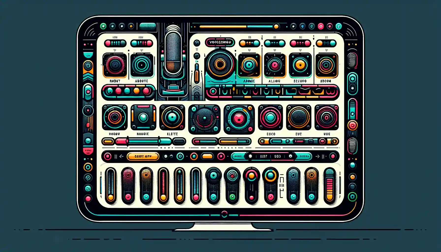 An artistic depiction of the Voicemod user interface showcasing various voice effects.