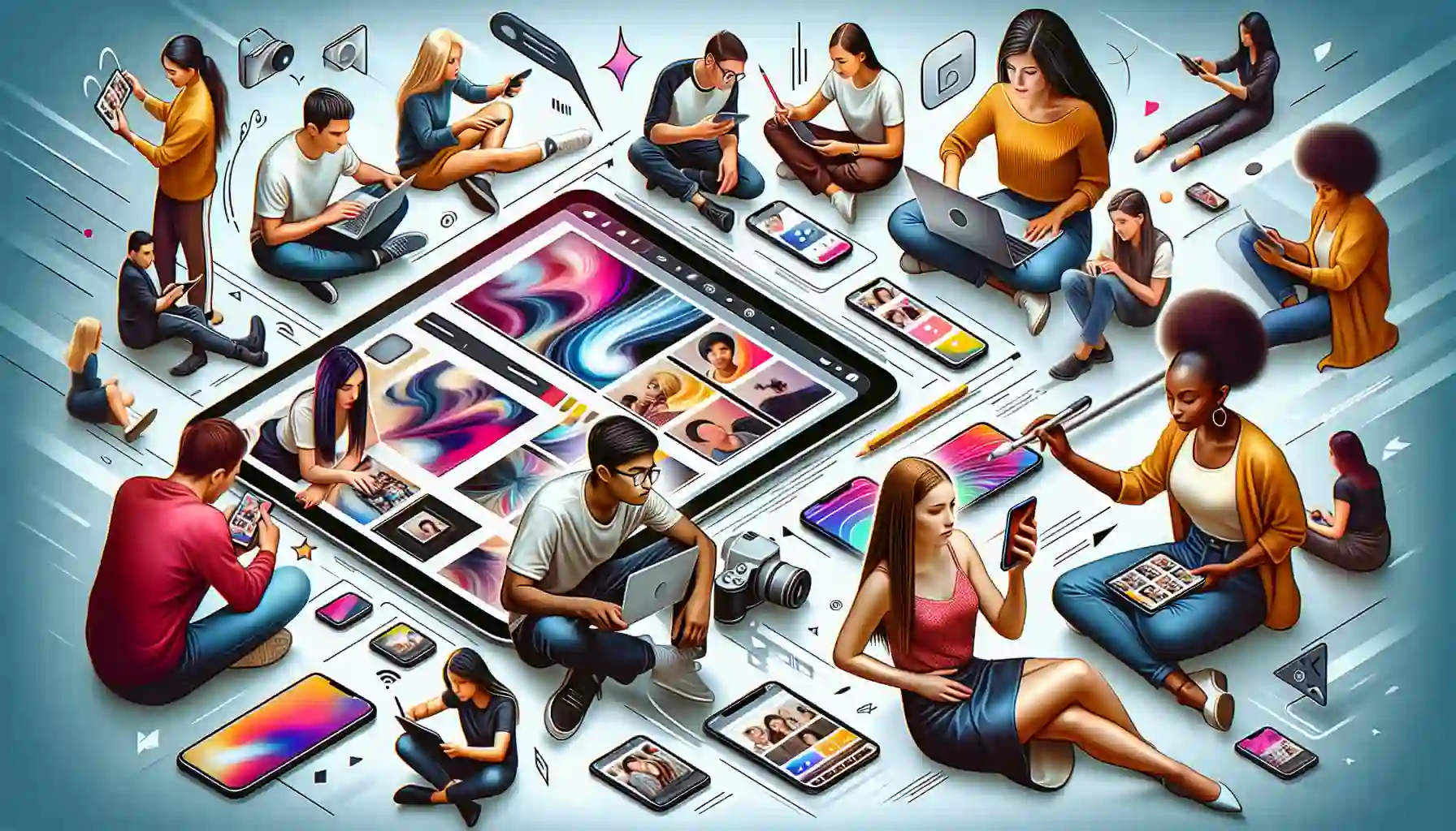 Illustration of diverse people using Adobe Photoshop Express on different devices: Windows, Android, iOS (iPad, iPhone)