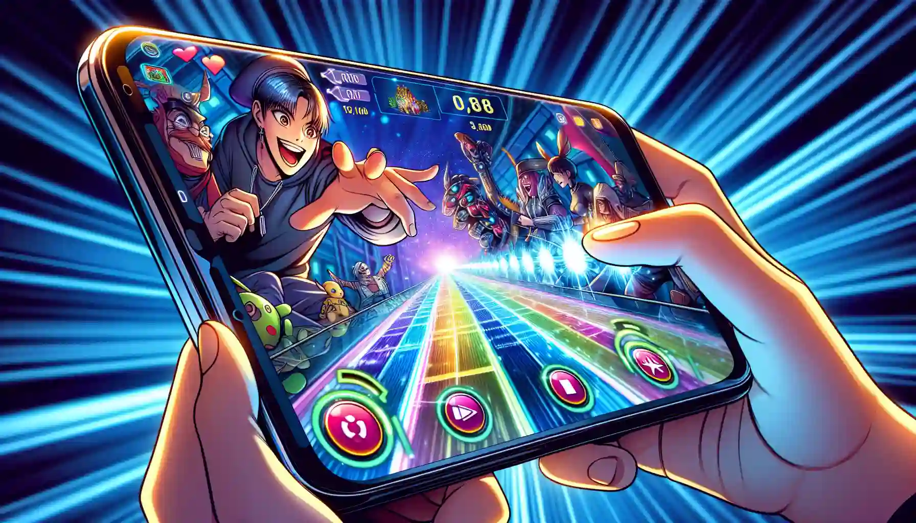 Cartoon characters playing Tiranga games on an android device