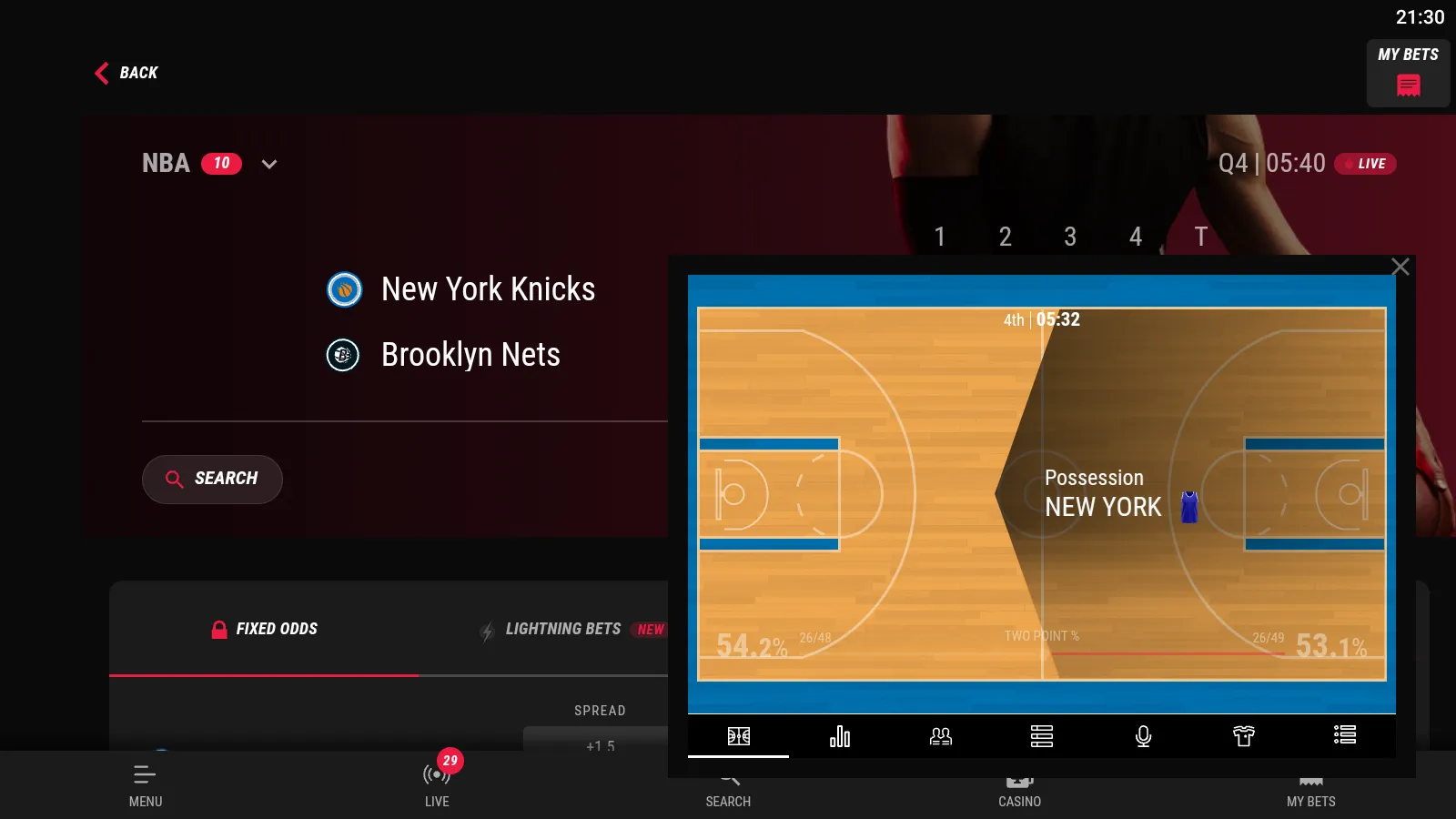 The app supports live betting