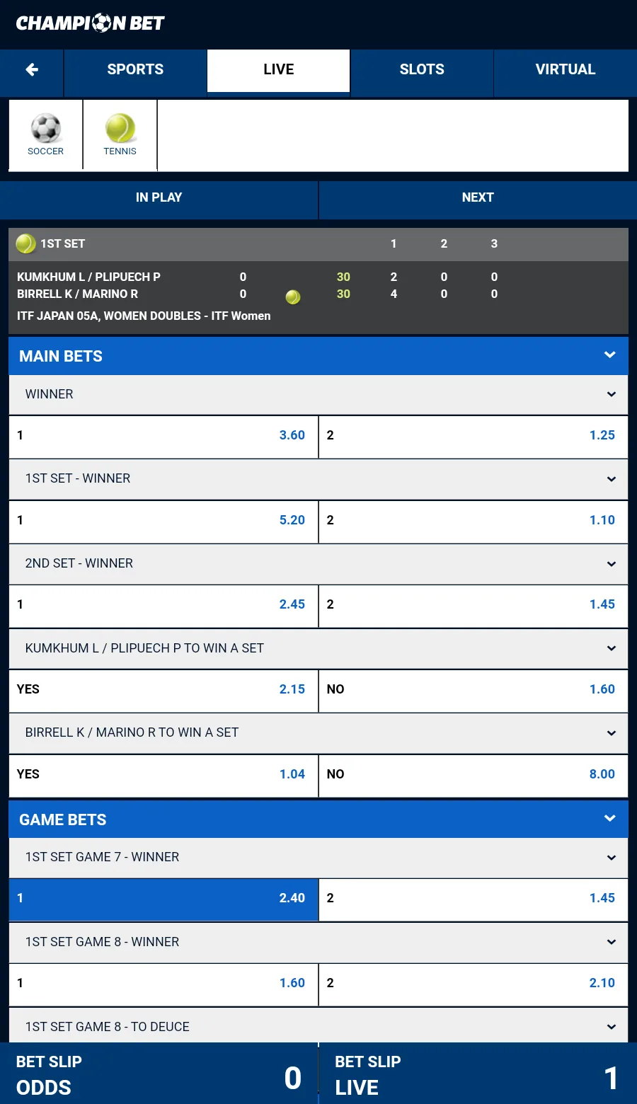 Live betting on Champion Bet App