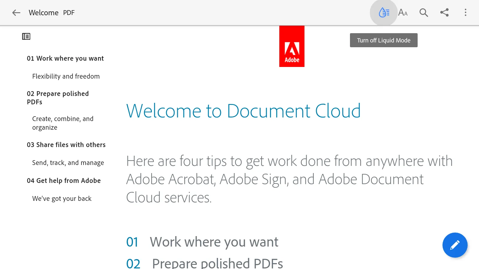 Acrobat offers a Liquid Mode — a special tool to read PDFs comfortably on phone or tablet