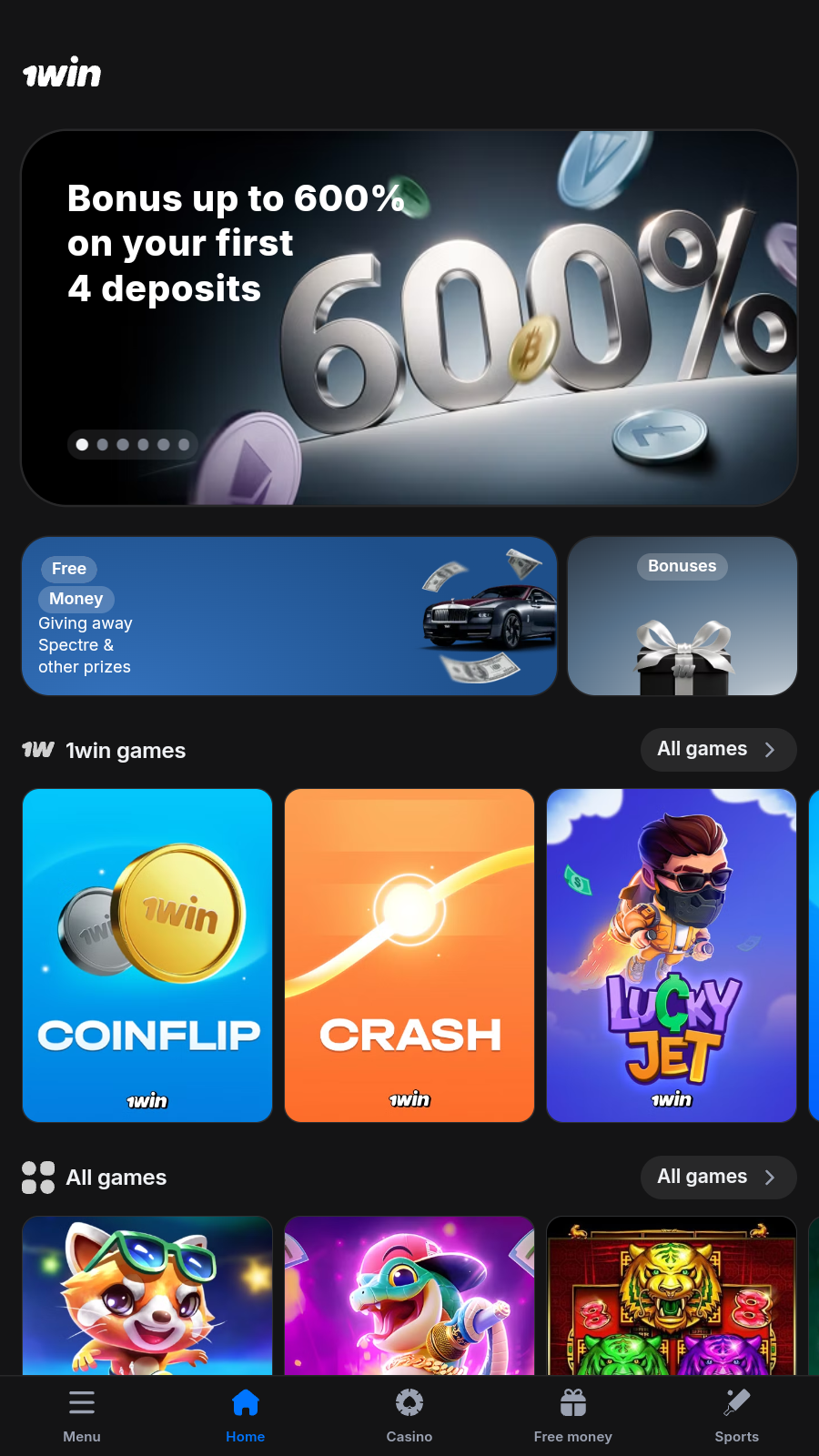 Interface du site 1win