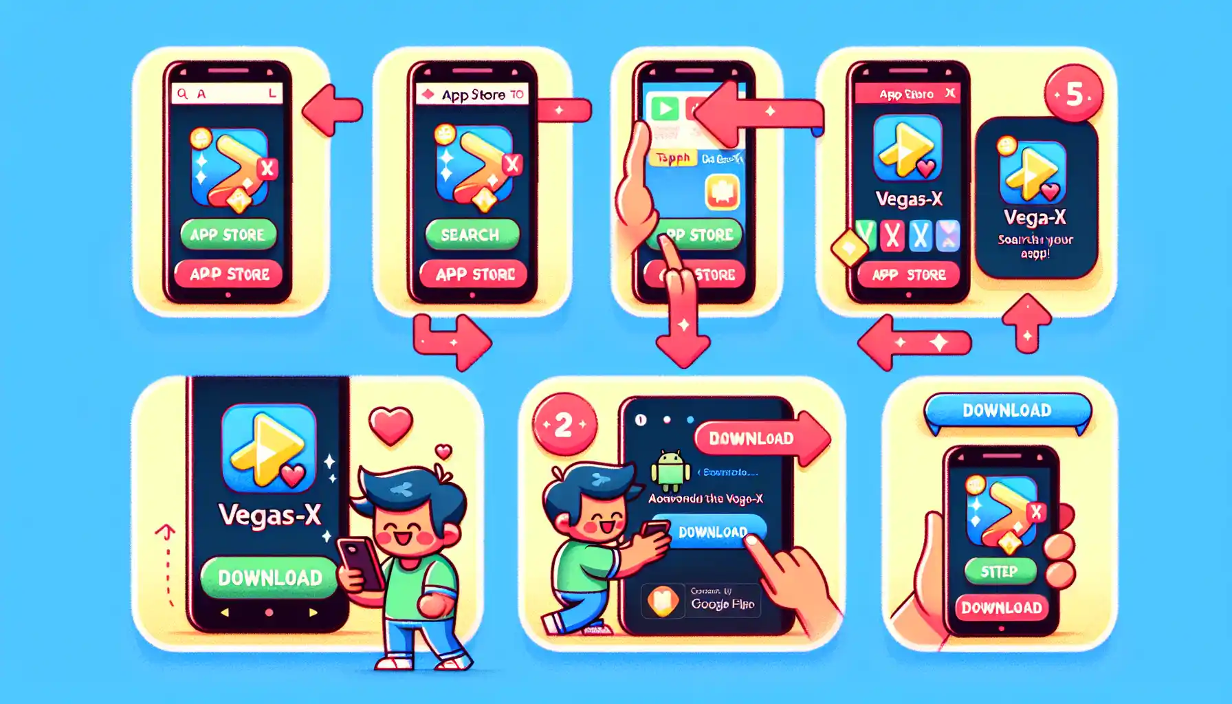 A cartoon depicting the steps for downloading the Vegas-X app on a mobile device.