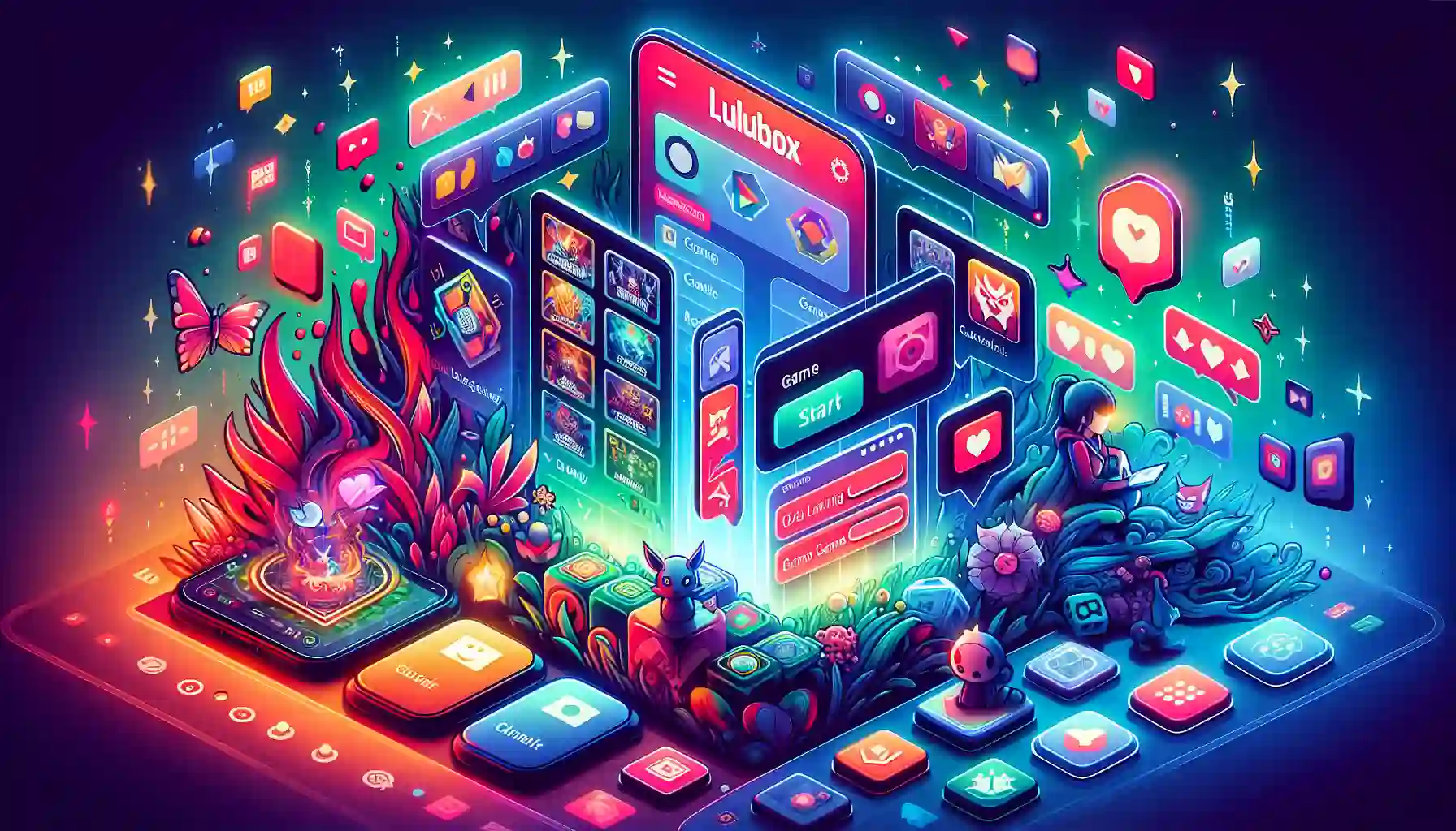 Illustration of Lulubox user interface with gaming-related elements