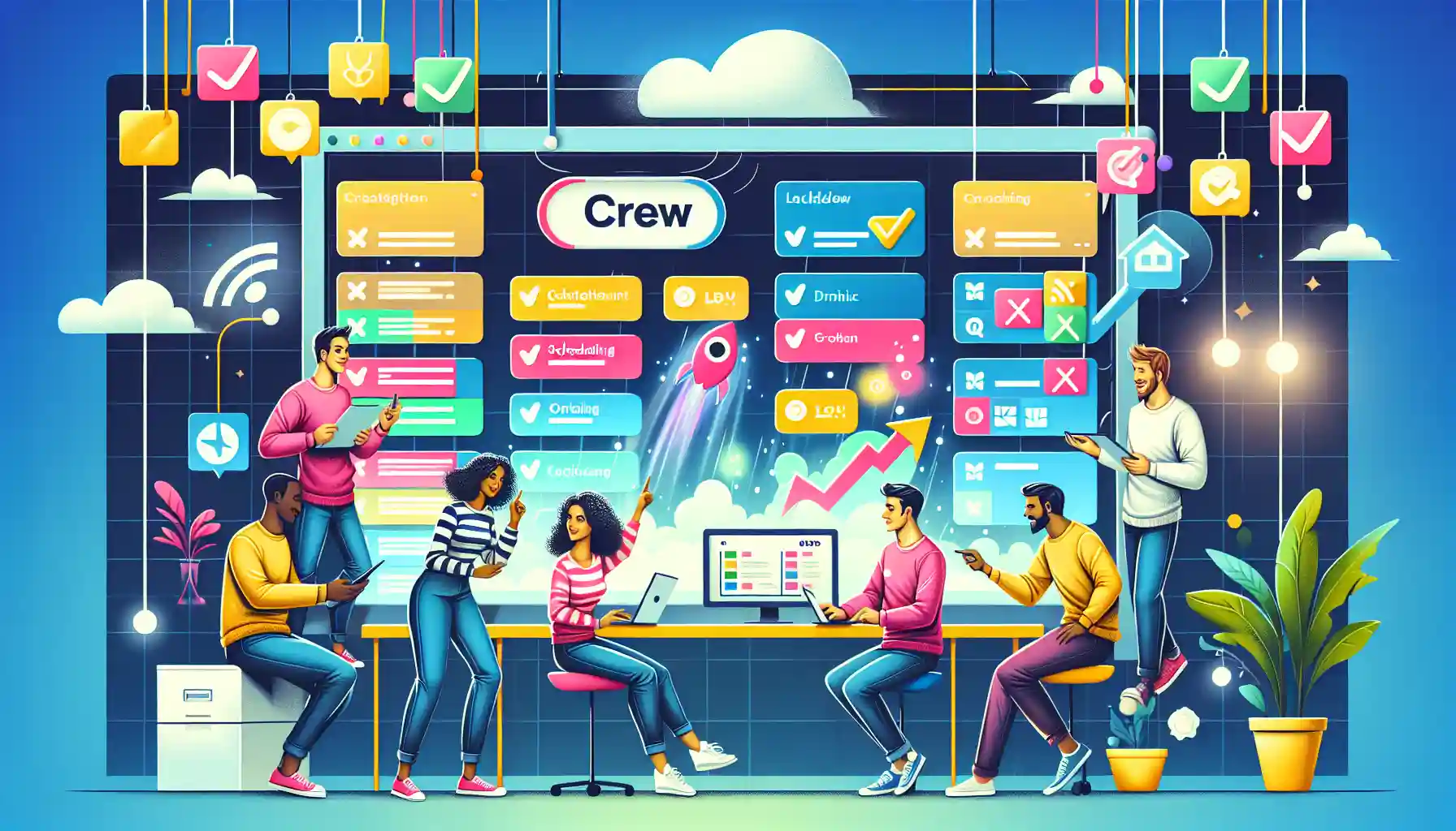 An illustration showcasing task management features in a crew app.