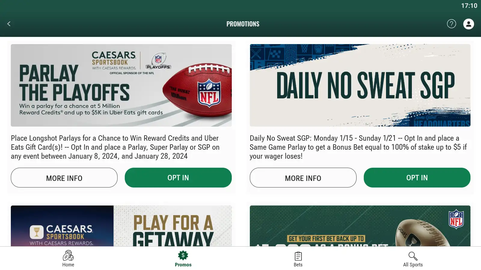 The page with promotions, where you can find bonuses, sports tickets, VIP experiences, etc