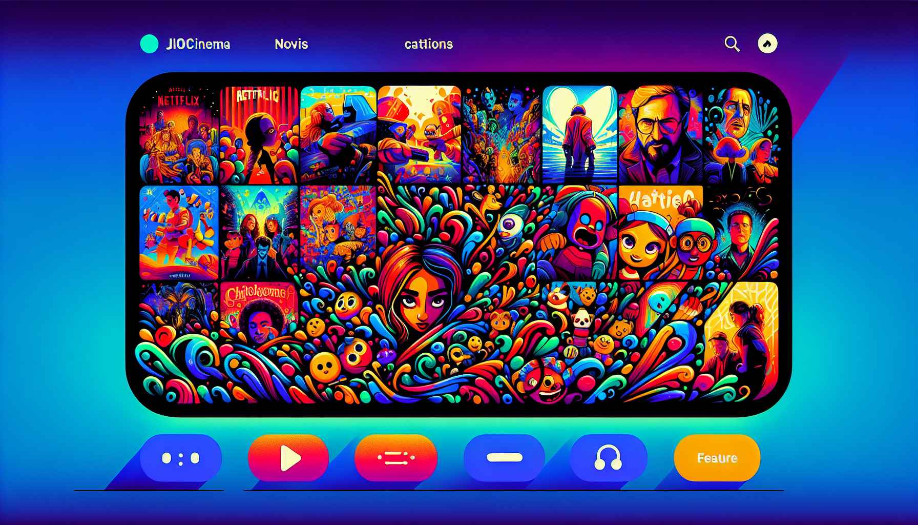 JioCinema app interface with movie and TV show illustrations 