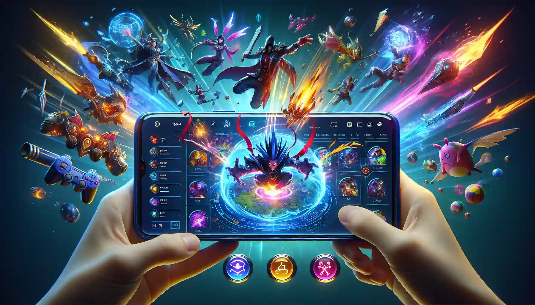 An artistic representation of the user interface of Mobile Legends on a mobile device with a 5v5 MOBA map