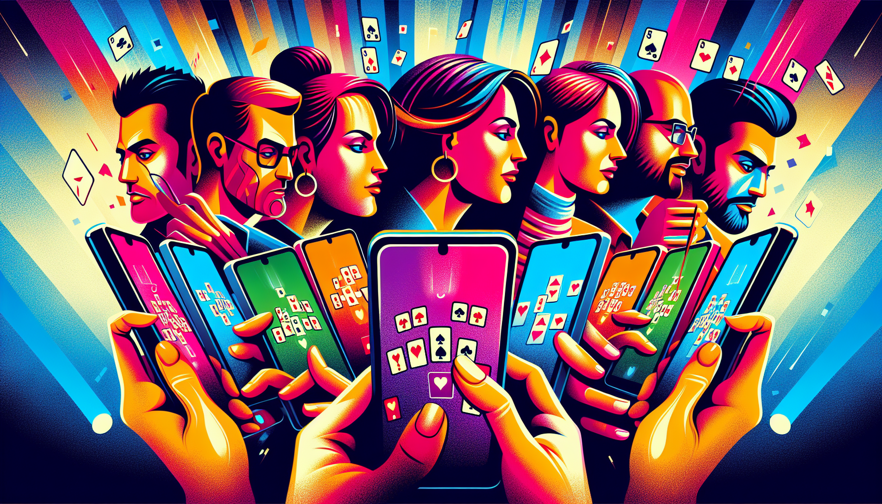 Illustration of people playing rummy gold games on a mobile phone