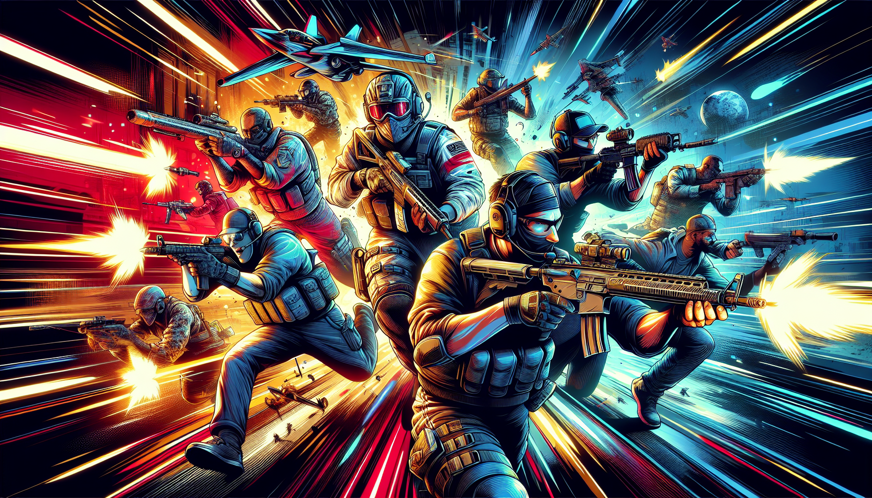 Illustration of a diverse group of characters playing XDefiant